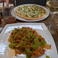 Tagliatelle and Pizza Verde at Life Bistrot in Volterra