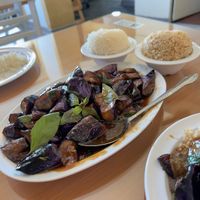 Basil eggplant with white and brown rice  at Anna's Vegan Cafe in Sacramento