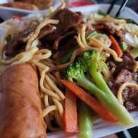 "Beef" chow mein and an egg roll :) at Anna's Vegan Cafe in Sacramento
