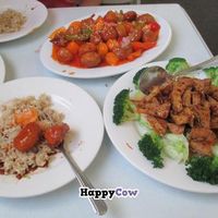 bottom right: the Lucky Lemongrass (tofu with broccoli), top: 'Sweet & Sour Drumstick' at Anna's Vegan Cafe in Sacramento