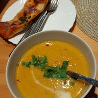 Cauliflower soup and potato pastry at Purée Health Bar in Tallinn