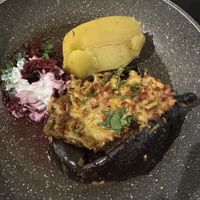 Aubergine with potato and beetroot, plus yoghurt topping   at Purée Health Bar in Tallinn