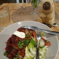 Lunch dish. Free water on the left. Capybara on the right is mine. at Purée Health Bar in Tallinn