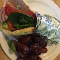Veggie hummus pita with added roasted red peppers  at Roast and Toast Cafe in Petoskey