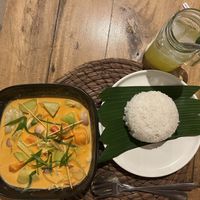 Vegetable curry and rice. Calamansi juice.   at Monkey Business in San Juan Siquijor