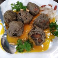 Homemade bamboo charcoal in pumpkin sauce at New Fut Kai Vegetarian 新佛界素食 in Central Singapore