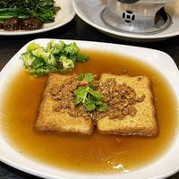 Beancrumb tofu with braised sauce- this is so good though seems like a simple dish. Gravy pairing is dope. Tofu is soft on the inside. (Vegan)  at New Fut Kai Vegetarian 新佛界素食 in Central Singapore