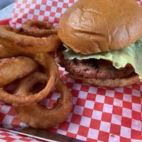 Impossible burger with onion rings at Leo's Grill & Malt Shop in Stillwater