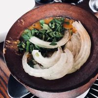 Hot served kidney beans in pot at Cafe Panorama in Mestia