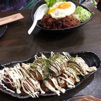 Takoyaki balls - usually octopus but this is a veggie version  at Matsuri in Osaka