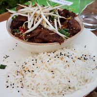 Seitan "duck" with sprouts, basmati rice and sweet and sour sauce at Manna 68 in Gdansk