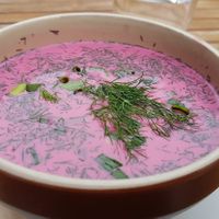 Chilled beetroot soup with potatoes and dill at Manna 68 in Gdansk