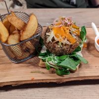 Vegan Fishburger on a waffle with mango Sauce at Manna 68 in Gdansk