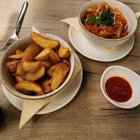 Fries and pasta from the kids menu at Manna 68 in Gdansk