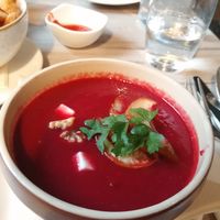 Beetroot soup with fake feta and roasted pears and walnuts at Manna 68 in Gdansk