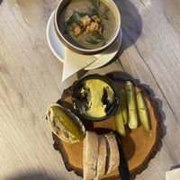 Mushroom crème soup and vegan fois gras   at Manna 68 in Gdansk