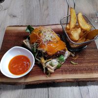 Waffle-Fishburger with a spicy mango sauce (Incredible creation) at Manna 68 in Gdansk