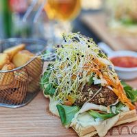 Fishburger on a waffle at Manna 68 in Gdansk