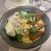 Saffron sauce and pilau rice (I requested it with tofu instead of cauliflower) wedges and tomato sauce  at Manna 68 in Gdansk