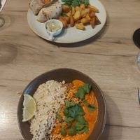 Found 


Top - an Italian wrap with mix weggies, potatoe wedges, spinach and a dip
Bottom-tofu kofta with a plum, rice and red sauce (not spicy!) at Manna 68 in Gdansk