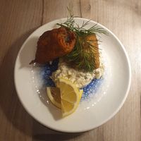 Jackfruit "fish" served with GF tartar sauce at Manna 68 in Gdansk
