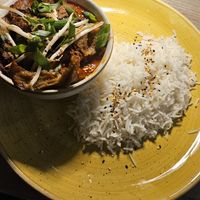 Vegan duck with rice at Manna 68 in Gdansk