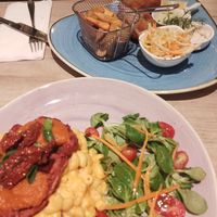 Cauliflower waffles with mac & cheese, and fish & chips. at Manna 68 in Gdansk