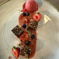 Peanut butter and chocolate with strawberry sorbet   at Manna 68 in Gdansk