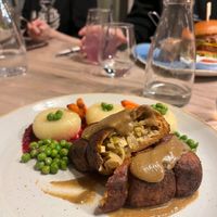 „Traditional Polish zrazy“ from the spring 2026 menu. Seitan filled with pickled cucumber, mustard and onion. at Manna 68 in Gdansk