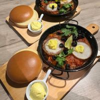 Shakshuka (2,5 out of 5 stars — too salty & sour, with cheap olives). at Manna 68 in Gdansk