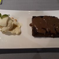 Vegan brownie and vanilla ice cream. at Manna 68 in Gdansk