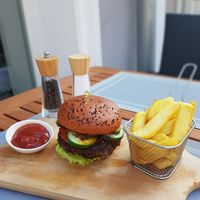 Bean and mushroom burger with fries and ketchup - 27zloti at Manna 68 in Gdansk