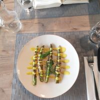 Asparagus with bacon flavored zucchini and Hollondaise sauce at Manna 68 in Gdansk