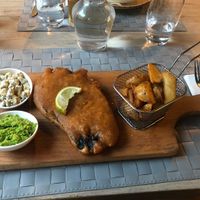 Vegan fish and chips (made with eggplant!) at Manna 68 in Gdansk