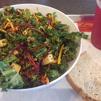This is the sriracha ginger tofu and ancient grains bowl with a side of bread (the only thing NOT gluten free on their menu) and lemonade. at CoreLife Eatery in Murfreesboro