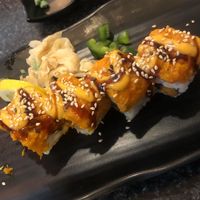 Spicy tuna roll (half eaten) at Chef Kenny's Asian Vegan Cuisine in Las Vegas