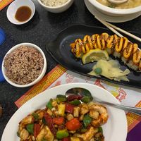 Kung pao shrimp, spicy tuna roll, miso soup at Chef Kenny's Asian Vegan Cuisine in Las Vegas