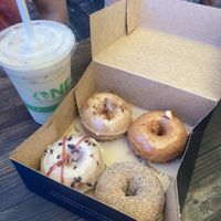 Tasting box and draft latte  at Holey Grail Donuts - Food Truck in Hanalei