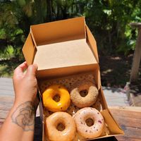 (Lilikoi, Chaga Chai, Classic glazed, Hail Mary) I didn't try Miso Honey becuase of the honey but all 4 that I did have were delicious! The Lilikoi flavor was my favorite! at Holey Grail Donuts - Food Truck in Hanalei