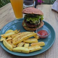 Vegan burger and kombucha at Vegan House in Antalya