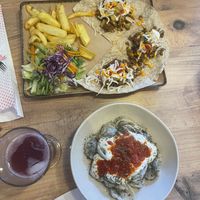 we had the taco chips salad and turkish dumplings with kombucha,   at Vegan House in Antalya