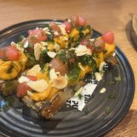 Carrot and butter bean focaccia   at Punch Bar and Tapas in Honley