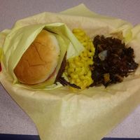 Veggie black bean burger, mac n cheese, and greens at Amber's Smoked Vegan in Las Vegas