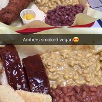 Top: Corn Dog, Mac n' cheese, and Rice and beans
Bottom: Ribs, cornbread,  Mac N' cheese, and baked beans at Amber's Smoked Vegan in Las Vegas