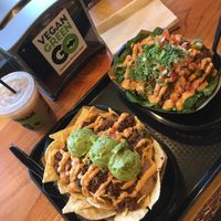 Al pastor nachos, barbacoa bowl, and hemp horchata. at Vegan GreenGO in Santa Barbara
