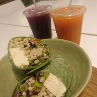 Pearl cous-cous wrap (greens, cous cous, pico de gallo, avocado, tofu, cilantro and cranberry) with a vegan sauce  at Green Bowl in Santo Domingo