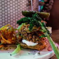Mushroom burger made with tempura mushroom as the 'buns' at Greenhouse Canteen & Bar in South Brisbane
