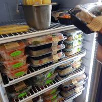 Small fridge with vegan food to go at A and B Naturals in Bar Harbor