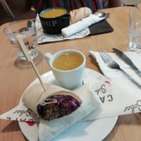 Falafel wrap and carrot&coriander soup (a small soup comes as a side with the wraps) at Cafe Sobar in Nottingham