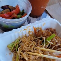 Vegan tofu pad Thai, eggplant side, and vegan Thai tea. at Kittiwat Thai Kitchen in Frederick
